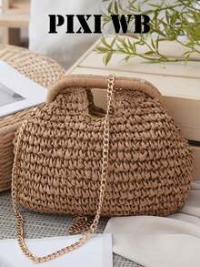 Seashore Vacation Shell Bag, New Women's Handbag, Forest Style Woven Straw Shoulder Bag, Travel Beach Chain Crossbody Bag, Solid Khaki Women's Handbag, Hollow Woven Straw Design, Top Opening, Dual Top Handles, Metal Shoulder Strap, Suitable For Girls' Vacation, Shopping, Dating, Travel And Other Occasions - Khaki - View 4