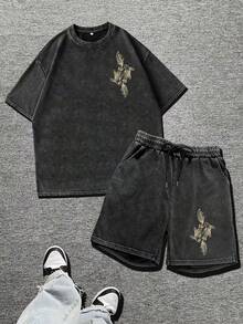 Setelan Celana Pendek Lengan Pendek Kasual Motif Ikan Ukuran Besar untuk Pria, Musim Semi/Panas - Hitam - View 1