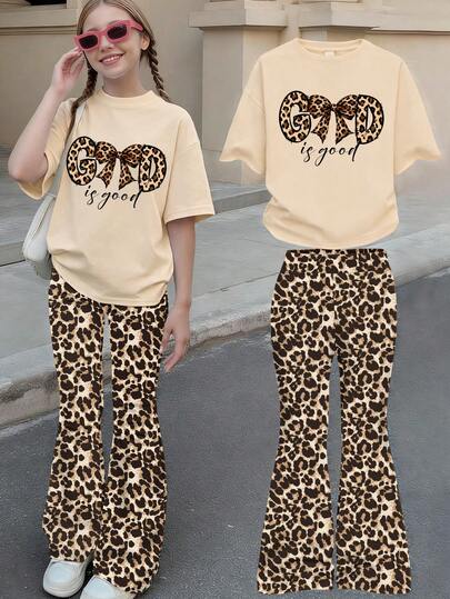 Teen Girls' Retro Leopard Aesthetic 2 Pieces Set, "GOOD Is Good" Slogan Print, Matching Tee & Flare Pants, For Friend Gathering, Casual Relaxation, Casual Daily Wear