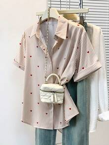 Women's Short Sleeve Striped Shirt With Heart Print Pointed Collar - Casual Elegant Office Commute Daily Wear, Spring/Summer - Brown Short-sleeved Shirt - View 2