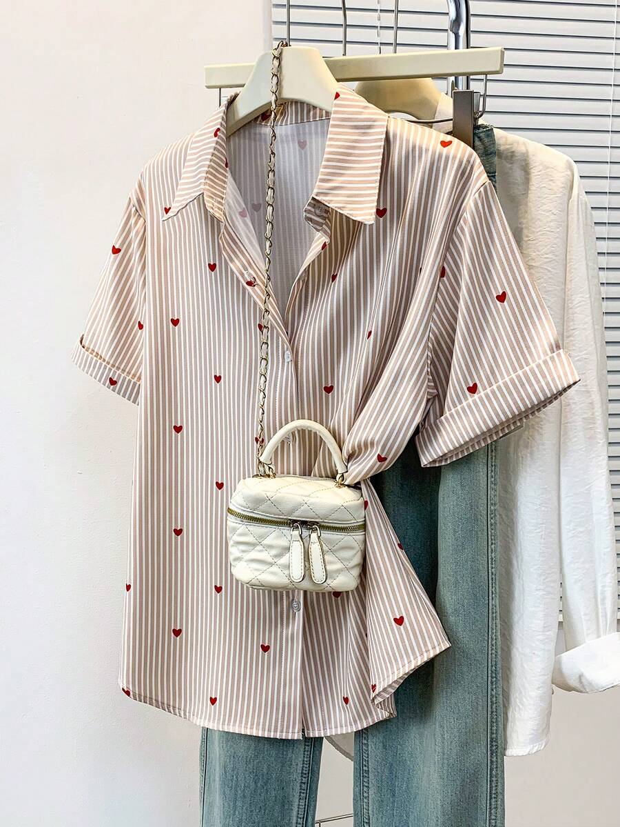 Women's Short Sleeve Striped Shirt With Heart Print Pointed Collar - Casual Elegant Office Commute Daily Wear, Spring/Summer - Brown Short-sleeved Shirt - View 1