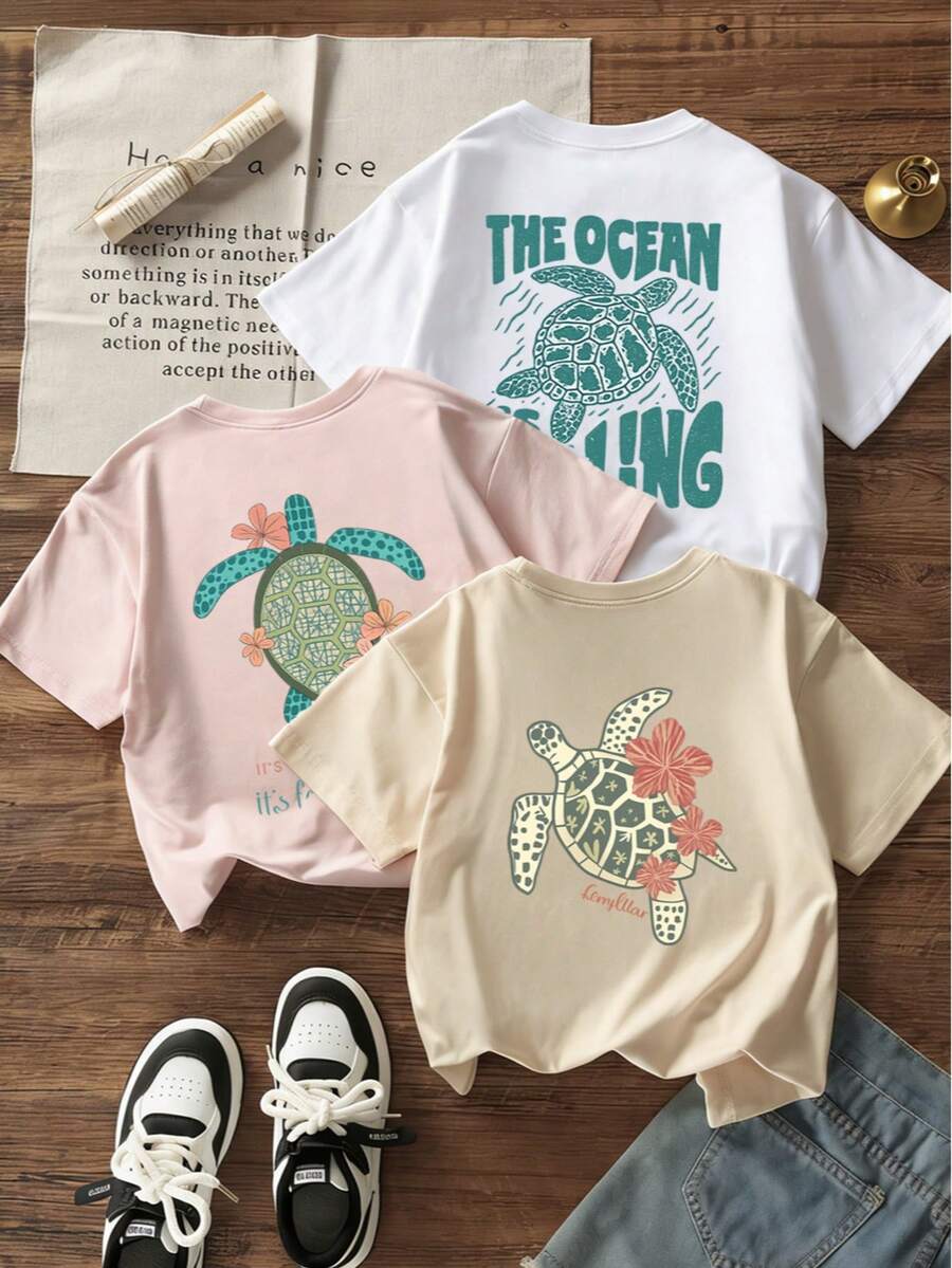 3件装女童海洋海龟字母印花T恤，宽松短袖夏季上衣，适合青少年女孩 - 彩色 - 查看 1