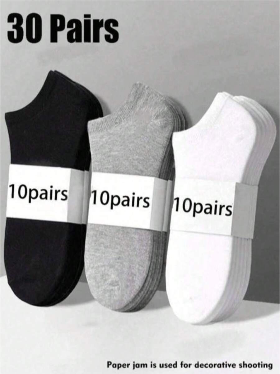 30 pares/60 piezas de calcetines invisibles sólidos en negro, blanco y gris para mujer, aptos para uso diario - Multicolor - Ver 1