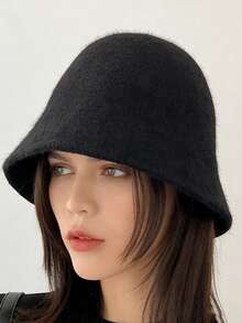 女士韩版百搭秋冬渔夫帽，-框架式渔夫帽，羊毛针织拉法帽 - 黑色 - 查看 3