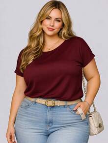 Blusa Plus Size modelo Elegante  feminina premium Manga Morcego Básica em Viscolycra Gola Redonda Confortável Casual - Vinho - Visão 11