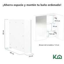 Kingshouse Botiquín con Espejo para Baño con 2 Puertas - Color Blanco - Gabinete Organizador con Repisas - 60x14x60 cm - Melamina 16 mm - Mueble Armable para Hogar - Blanco - Ver 3
