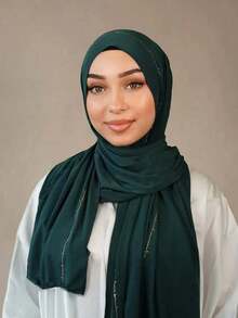 1 Piece Women's Hot Diamond Plain Jersey Soft Headscarf Arabic Casual Long Scarf Conservative Solid Color Headscarf Suitable For Daily Use - Xanh đậm - Xem 2