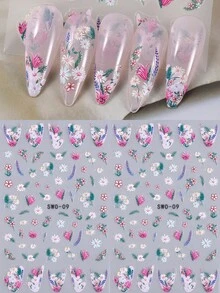 SWEET TREND 5D彩色花朵美甲贴纸2张，油画风格，雏菊、薰衣草、绿叶等热带植物图案，法式美甲设计，DIY Y2K复古时尚春夏花卉印花自粘美甲沙龙贴纸，滑动式美甲装饰，美甲用品 - 彩色 - 查看 2