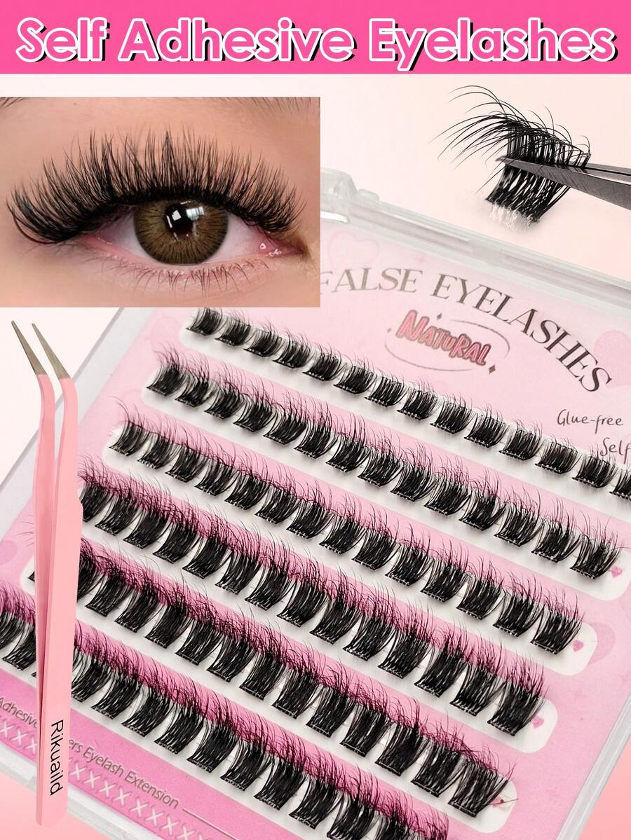 Rikuaild 84pcs Self-Adhesive Fluffy False Eyelash Clusters, 10-16mm Mixed Length Set, No Glue Needed, Fluffy Individual Lashes, Self-Adhesive DIY Eyelash Extension, Pre-Glued Lash Clusters, Natural D Curl Lash Clusters, No Glue Or Makeup Remover Required, False Eyelashes, Lash Clusters , Individual Lashes, Eyelashes, False Lashes - D - View 1