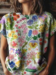 (Free Shipping)Women's Retro Colorblock Print Crew Neck Loose Knit Top;Summer Shirts;Summer Outfits;Back To School T-Shirts;Graphic Tees;Cute Tops - 混合色4 - 查看 3