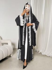 女士波点印花蕾丝边饰长袍 - 黑色 - 查看 5