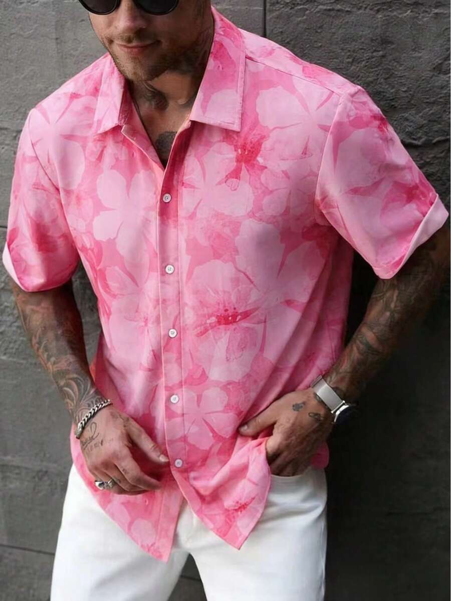 男士休闲短袖衬衫，夏季度假夏威夷花卉印花 - 淺粉色 - 查看 1