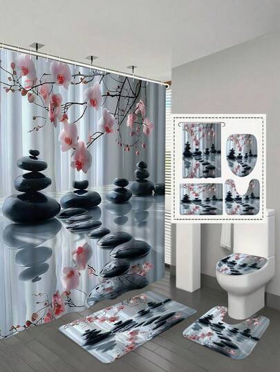Bộ 1/4 rèm tắm bằng polyester - Họa tiết hoa anh đào hồng và đá quý đen, trang trí phòng tắm, bao gồm móc chống gỉ, thiết kế phòng tắm Zen hiện đại, rèm có kết cấu dệt tự nhiên, bộ trang trí phòng tắm bao gồm rèm tắm chống thấm nước, thảm chống trượt, tấm phủ nắp bồn cầu, thảm tắm và 12 móc nhựa.