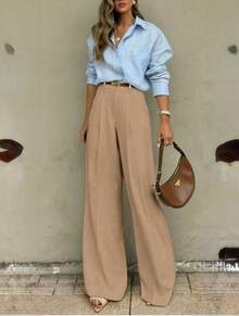 Straight-Leg, Wide-Legged Suit Trousers. Floor-Length. - Camel - View 2