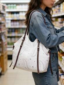 Bolso de lona blanco estilo coreano para volver a la escuela, de gran capacidad y plegable, adecuado para estudiantes universitarios, ir y venir, actividades al aire libre, compras diarias, bolso de hombro de moda para estudiantes - Blanco - Ver 4