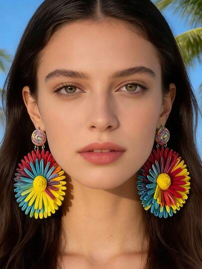 imoli 一对手工拉菲草编织三层花朵/向日葵耳环，波西米亚海滩风首饰，女士礼物，适合海滩度假和派对佩戴