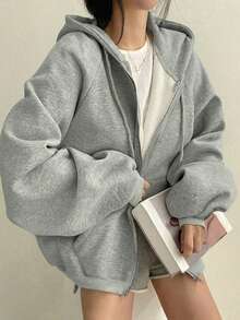 Women's Solid Color Raglan Sleeve Long Sleeve Casual Loose Drawstring Fleece Hoodie, Autumn/Winter - Light Grey - View 2