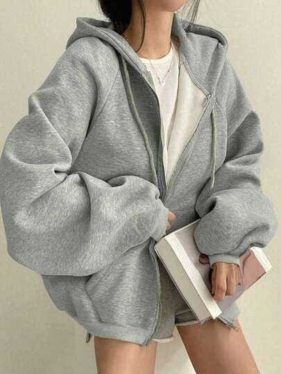 Women's Solid Color Raglan Sleeve Long Sleeve Casual Loose Drawstring Fleece Hoodie, Autumn/Winter