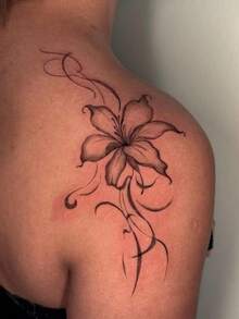 1pc Fashionable Waterproof Realistic Lily Flower Temporary Tattoo Sticker, Floral Vine Shoulder Back Tattoo Decal, Suitable For People,Spine Tattoo,Sketch Style - 黑色 - 查看 3