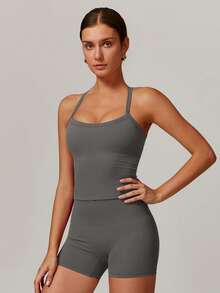 MASKERT "2-Piece Set"Spring And Summer Women's Sports Suit Vest Fitness Suit Tight Running Suit High Stretch Fitness Yoga Suit Home Casual Comfortable Skin Friendly - 燧石 - 查看 6