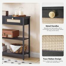 Console Table, **-Inch Console Table With Faux Rattan Decoration, Narrow Long Sofa Table, Hallway Foyer Table, Entryway Table, Storage Table With 2 Drawers And 3 Open Shelves, For Entryway, Living Room, Corridor, Black - 黑色 - 查看 3