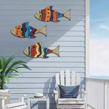 3pcs Bohemian Style Wooden Fish Wall Decor Set, Summer Ocean Theme Wall Decor, Door Decor, Bohemian Style Room Decor, Ocean Animal Home Decor, Bedroom Decor, Bathroom Decor (Adhesive Tape Included) - Multicolor-sending Tape - View 6