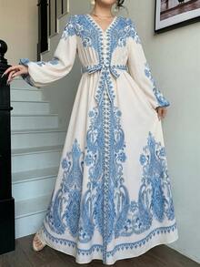 abyoxi 女士蓝色长袖V领单排扣A字摆长连衣裙，复古优雅，适合节日、正式晚宴，春夏长款连衣裙 - 藍色 - 查看 5