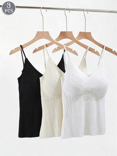 3 piezas camiseta interior plisada con soporte de seno,sin costuras,colores básicos,versátil