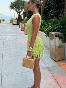 Fashionable Sleeveless Round Neck Fringe Hem Knit Mini Dress, Light Green Ribbed Skirt, Innovative Design, Stretchy, Beach Vacation Summer - Lime Green - View 3