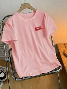 Plus Size Women's "But First Coffee" Coffee Cup Print T-Shirt, Casual Crew Neck Suitable For Spring, Summer, Autumn, Perfect For Valentine's Day And Vacation - Pink - View 5