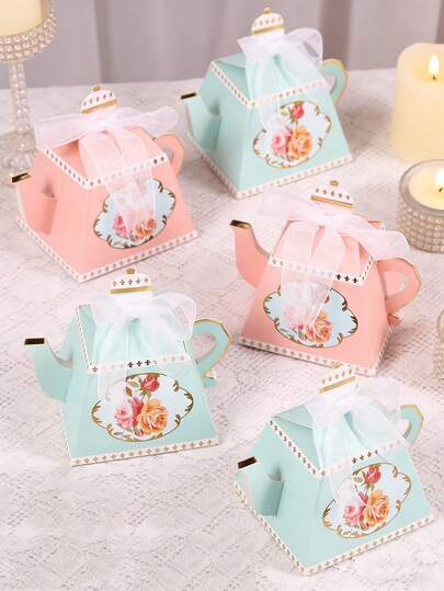 5/10个粉色和绿色花卉图案纸质礼盒，设计成茶壶形状，适用于下午茶派对、婚礼、新娘送礼会、婴儿送礼会、生日庆祝、性别揭晓派对以及作为装饰礼品包装。