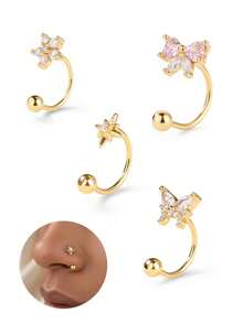 1件/4件装仿鼻环，无需穿孔，镶嵌锆石 – 蝴蝶心形夹式鼻夹，金银色女士鼻饰 - Nose Ring - 查看 10