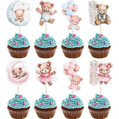 Party Bear Cupcake Toppers - Moon And Jungle Animal Themed Cake Decorations, Suitable For Birthday Parties, Gender Reveal Parties, Party Cakes, Pink And Blue Parties, Teddy Bear Themed Birthday Party Desserts