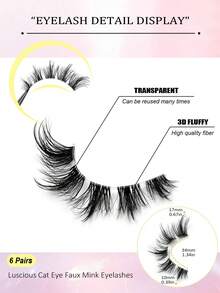 Asiteo 6 Pairs Super Soft Cat Eye False Eyelashes, Transparent Band, Elongate Outer Corner, Faux Mink Natural Cartoon Style Lashes, Suitable For Daily Makeup, Favored By Beauty Bloggers - Black - View 6
