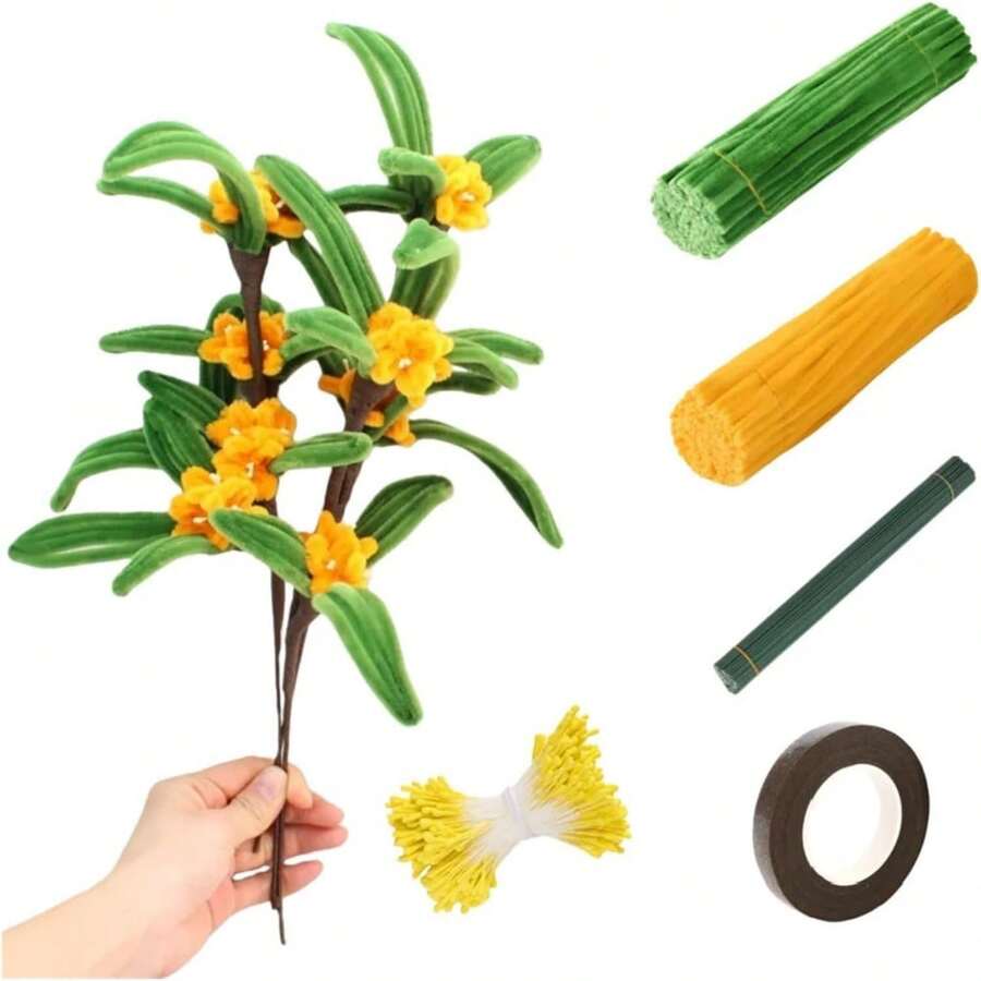 毛绒金绿色毛绒管道清洁器花制作套装，含雪尼尔绒条，DIY手工仿真桂花制作套装 - 彩色 - 查看 1
