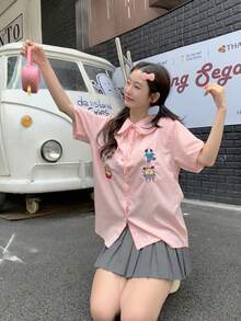 新款春夏女士格子彼得潘领短袖衬衫，刺绣系带休闲甜美格子衬衫 - 粉色 - 查看 12