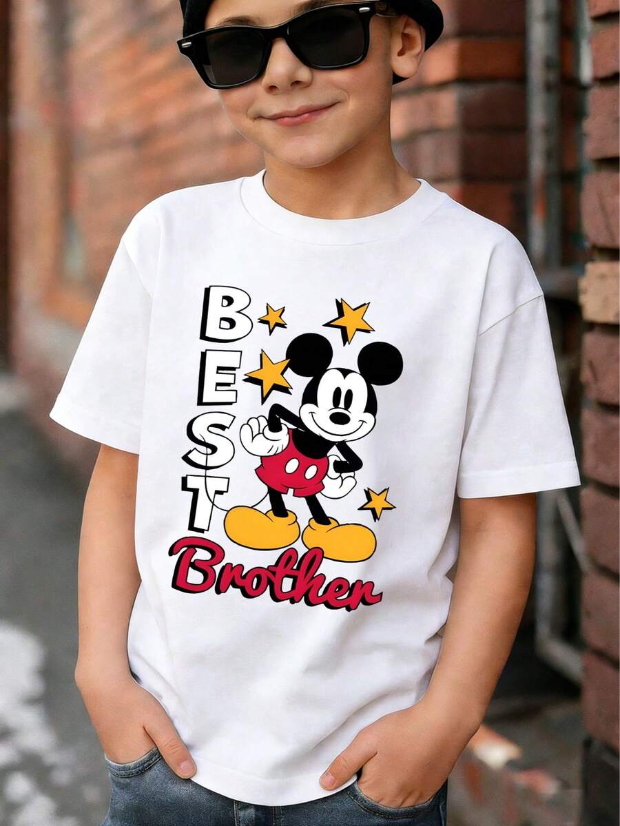 Disney Mickey Mouse "Best Brother" Graphic Tees For Kids 2-14 Unisex | Cute Star Print | Express Shipping - White - View 1