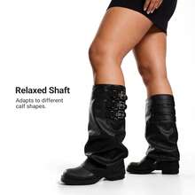 Fold-Over Knee High Boots Comfort Low Heel Wide Calf Slouchy Motorcycle Boot Buckle Long Tall Boots Fashion Women Shoes - màu đen - Xem 5