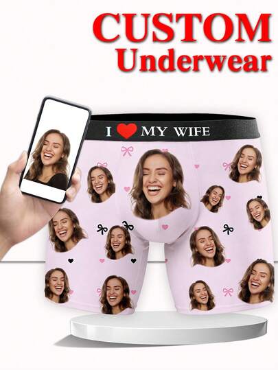 1 chiếc quần boxer nam in hình theo yêu cầu, nền hồng nhạt, họa tiết trái tim và nơ hồng/đen, cạp quần in chữ "I ❤️ MY WIFE", quần lót in hình mặt cười ngộ nghĩnh, dễ thương, lãng mạn, thoải mái, độc đáo, lý tưởng làm quà tặng kỷ niệm, sinh nhật, đám cưới, Ngày Valentine, Ngày của Mẹ, Ngày của Cha cho chồng, người yêu, hoàn hảo cho những người yêu thích thể thao.