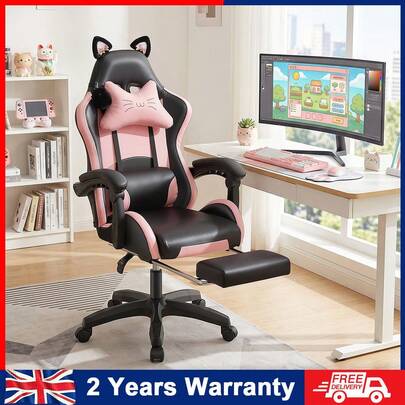 OYAJIA Gaming Chair Cute With Cat Ears And Lumbar Support, Ergonomic Computer Chair For Girl With Footrest And Headrest, Comfortable Reclining Game Chair 290 Lbs For Adult, Teen, Black & Pink