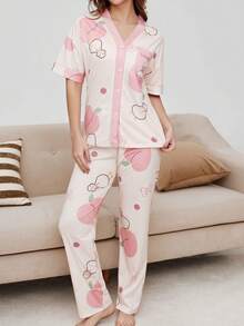 Bộ đồ ngủ nữ dáng rộng thoải mái, áo dài tay cổ chữ V và quần dài, đồ ngủ mùa xuân/thu. - Màu be - Xem 5