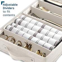 Almacenamiento de cubiertos y utensilios caja de almacenamiento de cubiertos duradera con divisores acolchados funda de almacenamiento de cubiertos de 5 compartimentos funda de cubiertos con asas - Crema - Ver 4