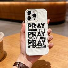 1 pieza Funda para iPhone15 Pro Max/14/13 Series, Funda con textura arrugada ondulada blanca con estampado de lema inspirador de fe "PRAY ON IT", Funda protectora minimalista inspirada en la fe anti-caída, exterior de moda personalizado de nicho - Blanco - Ver 4