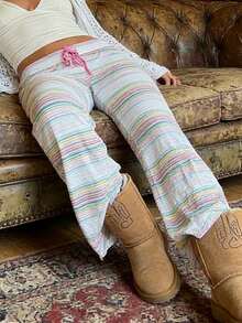 Women Lounge Pants Retro Fold Over Low Rise 2000s Colourful Stripe Stretch Flared Yoga Legging Bottoms Sweatpants - 青檸色 - 查看 9