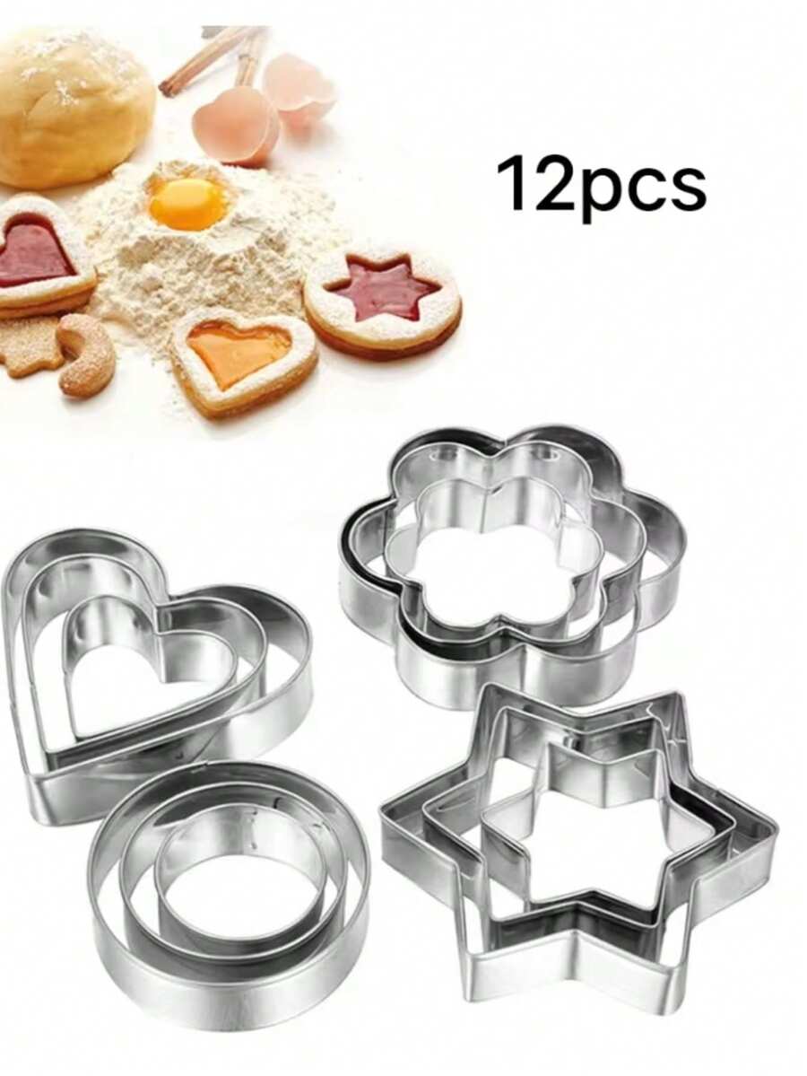 Set de 12 piezas de moldes de galletas de acero inoxidable, en forma de corazón, estrella, flor, redondo para pasteles, cortador de anillo de mousse, molde para freír huevos, moldes decorativos para galletas y pasteles, moldes para dar forma a frutas y verduras, adecuados para la cocina, hornear, Acción de Gracias, Día del Padre, Día de la Madre - - - Ver 1