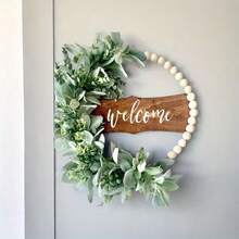 Rustic Floral Wreath, Eucalyptus Leaves And Wooden Beads Surrounding, Wooden Plaque Accent, Suitable For Front Door, Window Sill, Porch, Indoor And Outdoor Decor, Thanksgiving, Christmas, Harvest Season Home Decor, Holiday Party Decoration - Multicolor - View 5