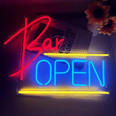 1pc Bar Open LED Neon Sign, 5V USB Powered, Adjustable Brightness, Suitable For Bar, Shop, Cafe, Store, Party, Club Decoration. Factory Direct Supply, Customizable.