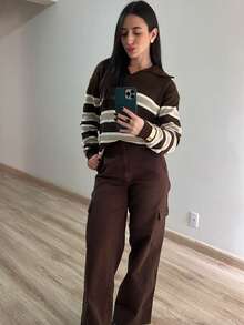 Women's Striped Polo Shirt, Knit, Winter, Knitted Fabric, Nightwear, Daily, Travel, Vacation, Autumn/Winter - 米色/棕色 - 查看 2