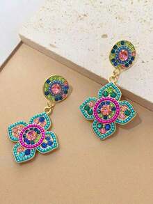 1pair Bohemian Multicolor Crystal Flower Drop Earrings, Vintage Gold-Tone Earrings For Women, Ideal For Daily, Vacation & Festival Occasions - Nhiều màu - Xem 5