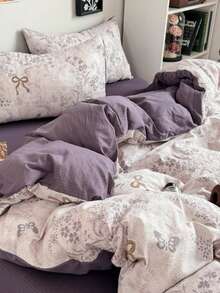 4pcs Butterfly & Wheat Floral Duvet Cover Set (1*Duvet Cover + 1*Flat Sheet + 2*Pillowcases), Ink Butterfly Print, Lavender Leaf Pattern, Luxurious Retro Style, Solid Color Sheet, Active Dyeing Process, With Tie Corners And Zipper Design, Versatile, Soft Texture, Machine Washable, Duvet Cover & Pillowcases Without Filler, Back To School - Purple - View 5